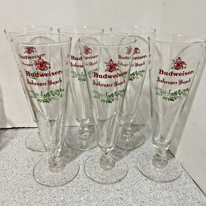 Vintage Budweiser Pilsner Glasses (6) Anheuser Busch Christmas Holiday Beer Bar